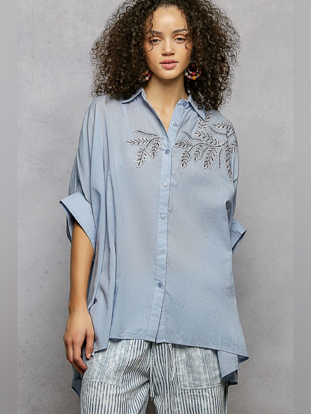 POL Button Down Embroidered Floral High-Low Hem Shirt